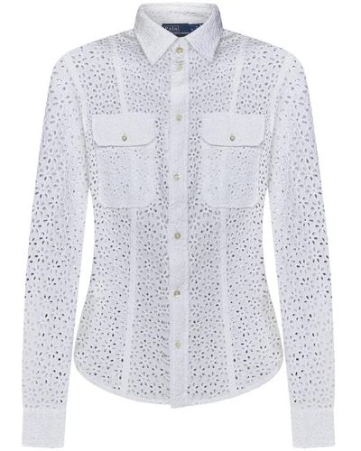 Ralph Lauren Camicia in lino bianca con chiusura a bottoni - Blu