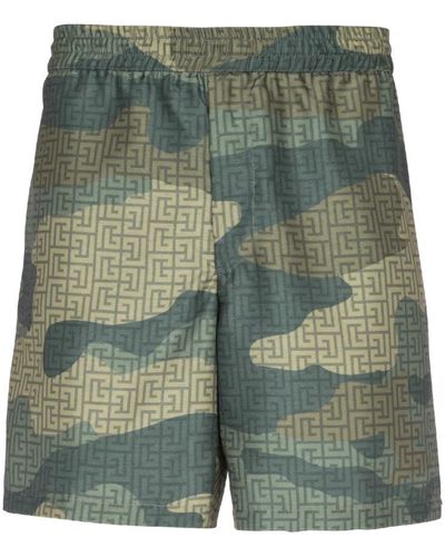 Balmain Shorts in shantung con stampa camouflage monogramma - Verde