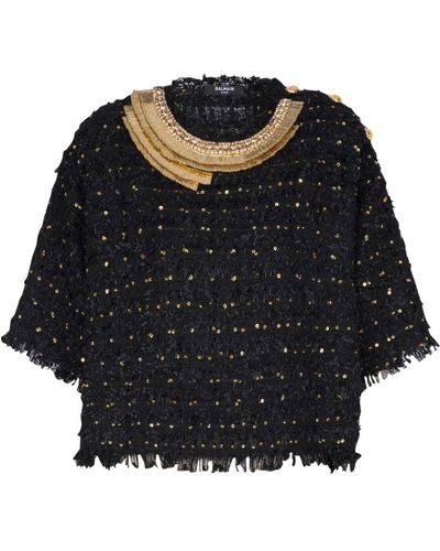 Balmain Embroidered tweed crop top - Nero