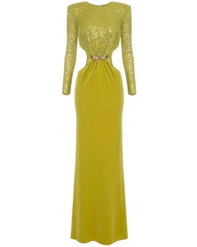 Elisabetta Franchi Langes kleid in olivgrün mit pailletten und samt - Gelb