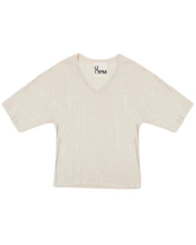 8pm T-shirt in lino metallizzato con scollo a v - Bianco