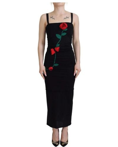 Dolce & Gabbana Schwarzes woll-sheath-kleid mit roter rosenstickerei