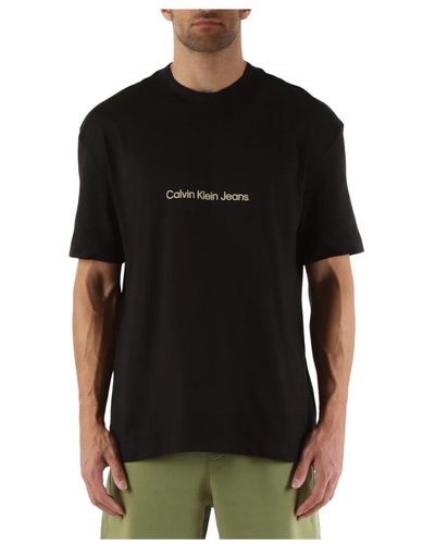 Calvin Klein Baumwoll-logo-geprägtes rundhals-t-shirt - Schwarz