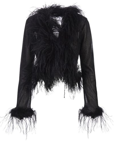 Oséree Blusa lumiere negra con plumas de avestruz - Negro