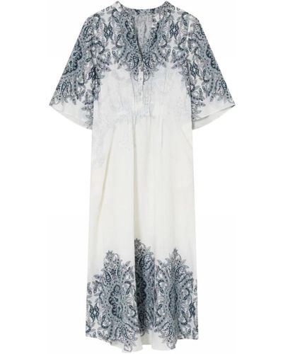 GUSTAV Weißprint langes kleid mit v-ausschnitt - Blau