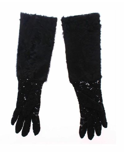 Dolce & Gabbana Guanti al gomito in pelliccia di lana di agnello con pizzo nero