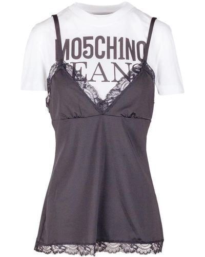 Moschino T-shirt mit kontrastierendem logo und spitzen-detail - Lila