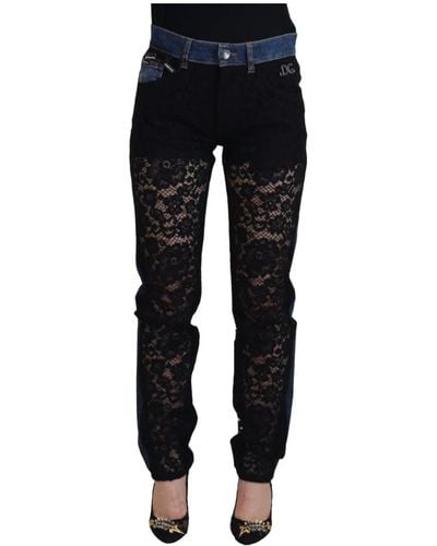 Dolce & Gabbana Jeans skinny in denim nero con pizzo floreale sul davanti