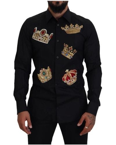 Dolce & Gabbana Black gold crown slim fit dress formal shirt - Nero
