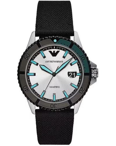 Emporio Armani Silver Fabric And Steel Quartz Watch - Black
