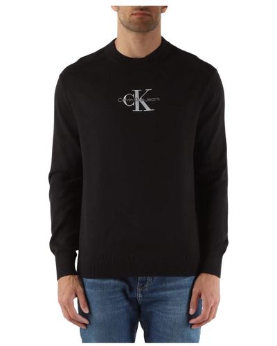 Calvin Klein Baumwoll-rundhalsausschnitt mit gesticktem logo pullover - Schwarz