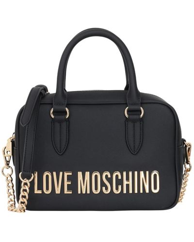 Love Moschino Schwarze handtasche mit goldener beschriftung und kettenriemen,handtasche