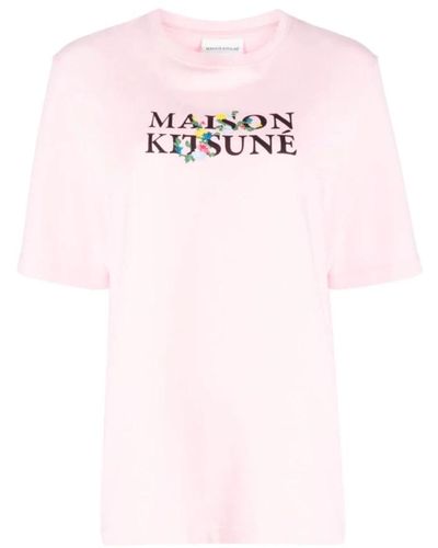 Maison Kitsuné Camiseta rosa pálido con estampado de flores y logo