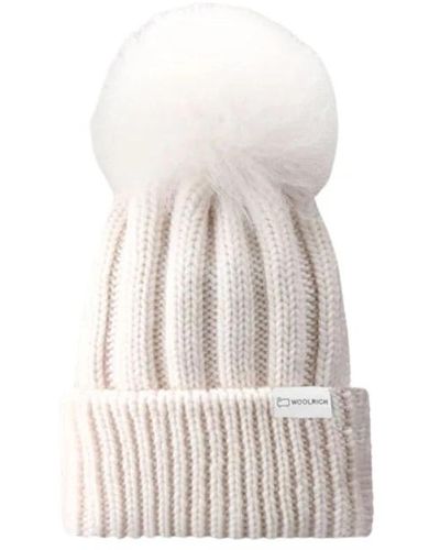 Woolrich Cappello maglia con logo e pon pon in cashmere - Bianco