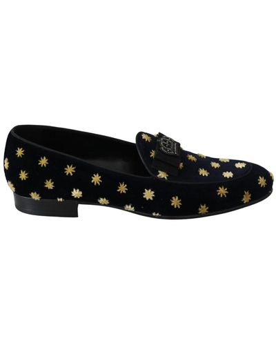 Dolce & Gabbana Blue Velvet Crown Slippers Loafers Shoes - Mehrfarbig