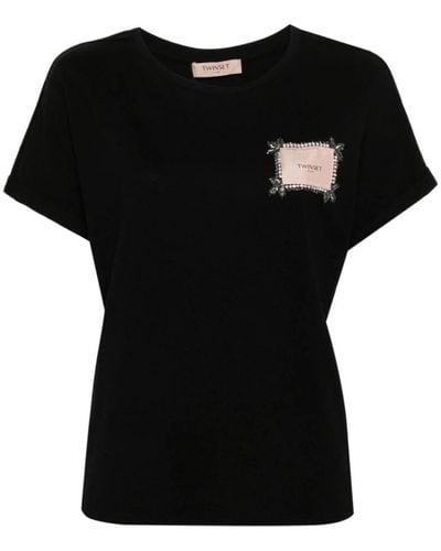 Twin Set Magliette nera con logo e decorazione in strass - Nero