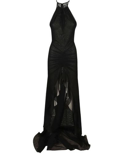 David Koma Ruched Front & Ruffle Hem Detail Mesh Gown - Black