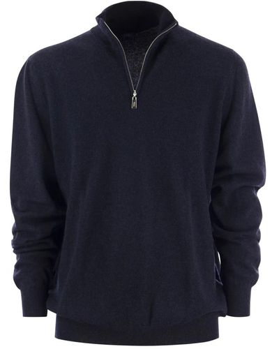Fedeli Kaschmir-zip-turtleneck-pullover mit hohem kragen,luxuriöser cashmere zip turtleneck sweater - Blau