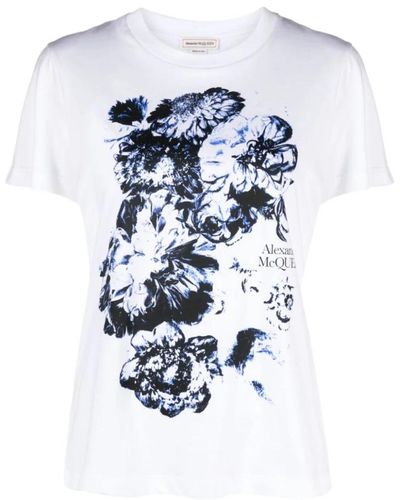 Alexander McQueen Weißes t-shirt mit blumenmuster - Blau