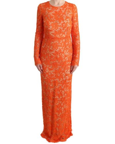 Dolce & Gabbana Farbenes, langes Kleid mit floralem Ricamo-Etui - Orange