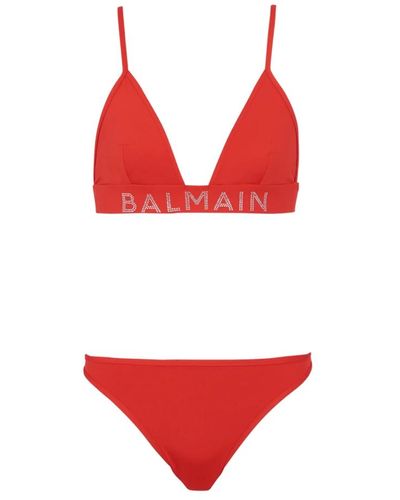 Balmain Bikini de triángulo con pedrería - Rojo