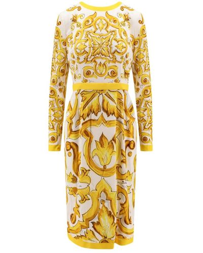 Dolce & Gabbana Seidenkleid mit majolika-print und langen ärmeln - Mettallic