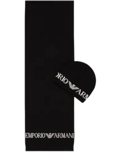 Emporio Armani Set cappello e sciarpa in maglia con logo a contrasto - Nero