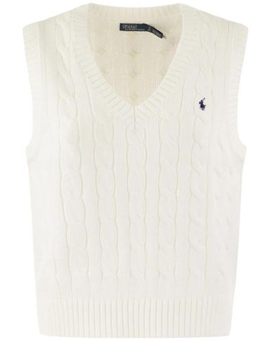 Ralph Lauren Gilet in cotone a maglia a trecce con scollo a v - Bianco
