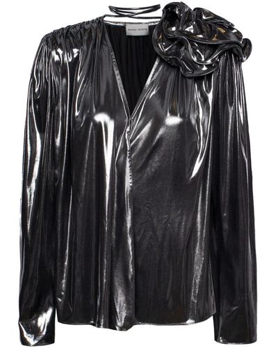 Magda Butrym Blusa in seta metallizzata con applicazioni floreali - Nero