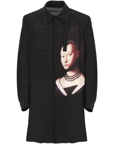 Yohji Yamamoto Schwarzes seidenhemd mit young girl print