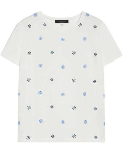 Max Mara Camiseta de lino bordada cuello redondo manga corta - Blanco
