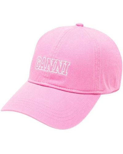 Ganni Cappello rosa in cotone con visiera curva