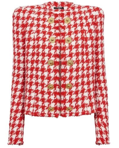Balmain Jacke aus Tweed mit Hahnentrittmuster - Rot