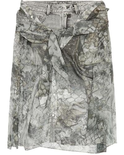 DIESEL Minigonna in denim con strato in chiffon - Grigio