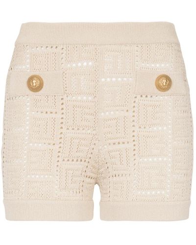 Balmain Monogrammed openwork knit mini shorts - Natur