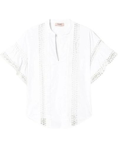 Twin Set Blusa de popelina de algodón con detalles de encaje - Blanco