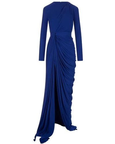 Alexander McQueen Long Draped Dress In Ultramarine Silk - Blue
