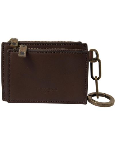 Dolce & Gabbana Portachiavi portamonete portafoglio in pelle marrone con zip e logo