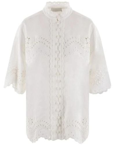 Zimmermann Camicia bianca in pizzo con colletto alla coreana e maniche corte - Bianco