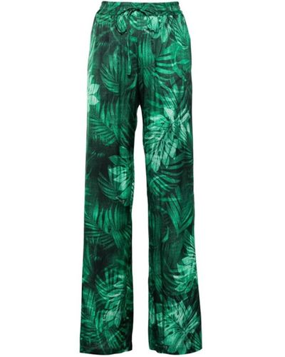 Ermanno Scervino Pantalones verdes de satén con estampado de hojas