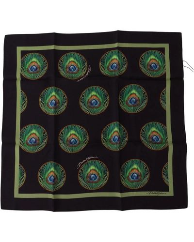 Dolce & Gabbana Sciarpa di seta nera con stampa piume di pavone - Verde