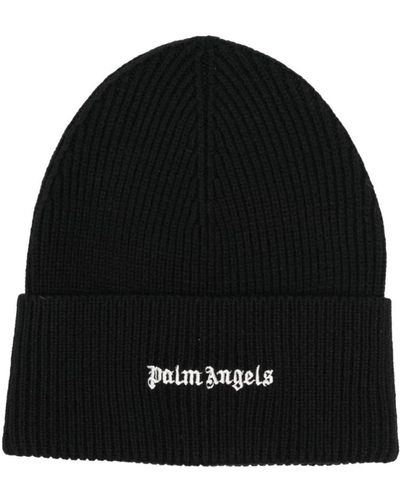 Palm Angels Schwarze rippstrick logo patch mütze