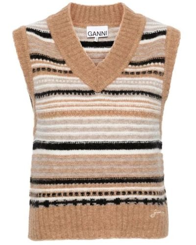 Ganni V-Neck Knitwear - Natural