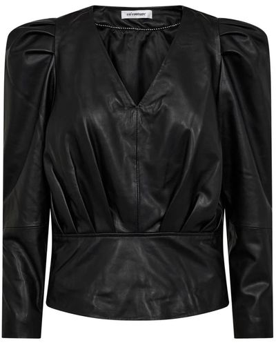 co'couture Blusa negra de cuero con mangas abullonadas y detalles elegantes - Negro