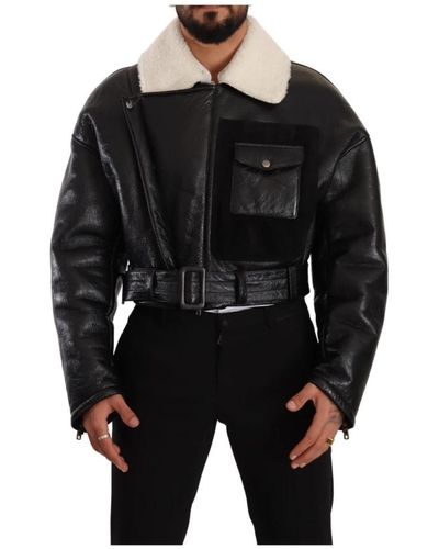 Dolce & Gabbana Leather shearling biker coat jacket - Schwarz