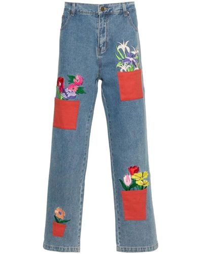 Kidsuper Blumig bestickte denim jeans - Blau