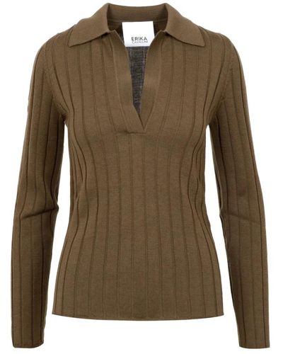 Erika Cavallini Semi Couture Braunes woll-polo-shirt mit langen ärmeln - Grün