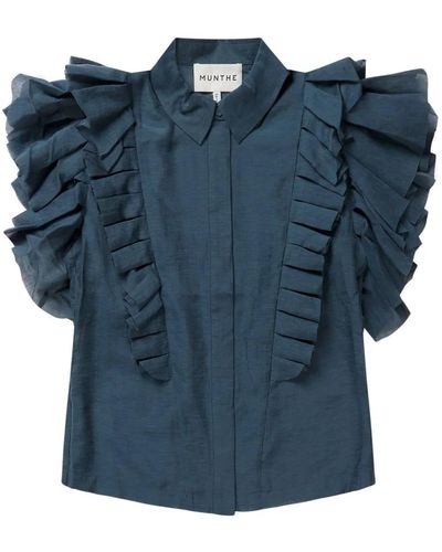 Munthe Top femminile con maniche a volant e colletto da camicia - Blu