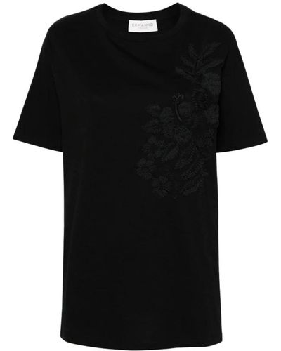 Ermanno Scervino Blumenbesticktes baumwoll-t-shirt - Schwarz