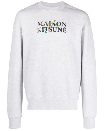 Maison Kitsuné Grauer pullover mit flowers print - Weiß